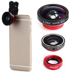 Объектив-линза Lieqi набор 3 в 1: fisheye, Макро объектив,широкоугольная линза Цвет: Красный (LQ-003) - фото 20376